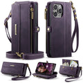 iPhone 15 Pro Max Crossbody Case with Strap, Card Slots & Zipper Pocket [Purple] - Purple