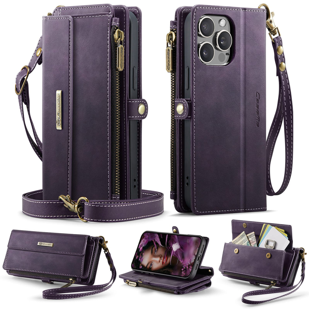 iPhone 14 Pro Max Crossbody Case with Strap, Card Slots & Zipper Pocket [Purple]