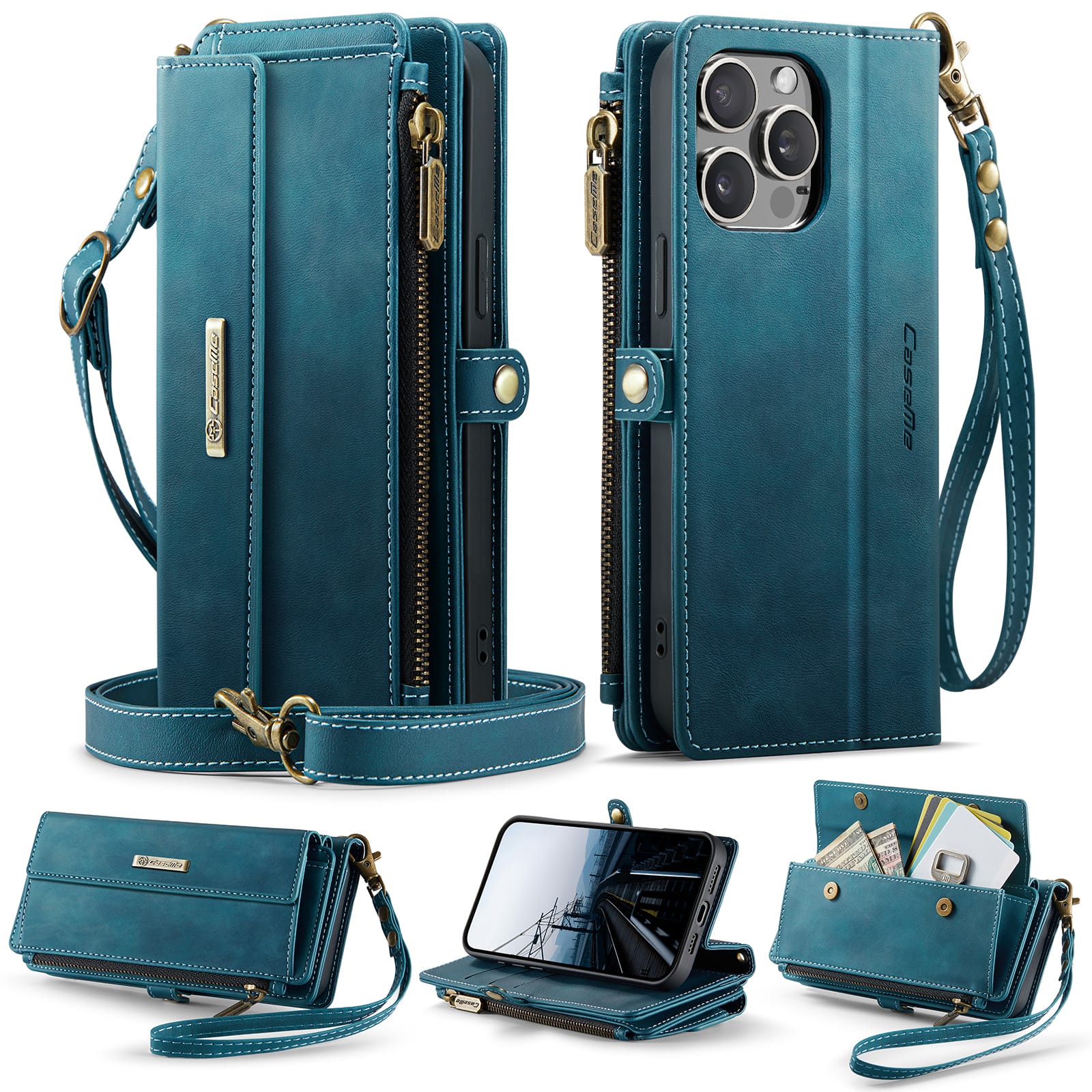 iPhone 15 Pro Crossbody Case with Strap, Card Slots & Zipper Pocket [Teal]