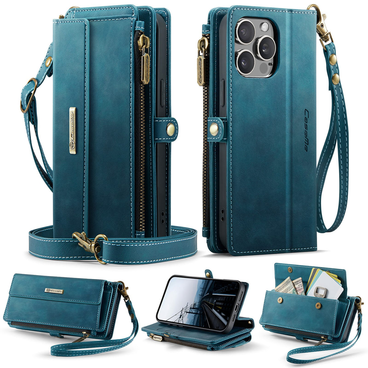 iPhone 14 Pro Max Crossbody Case with Strap, Card Slots & Zipper Pocket [Teal]