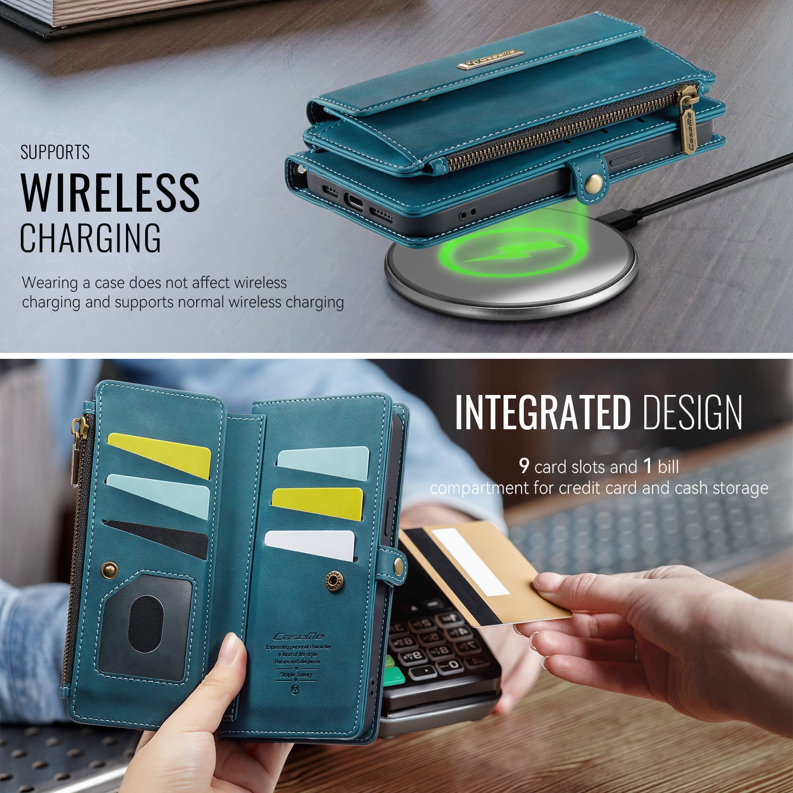 iPhone 15 Pro Crossbody Case with Strap, Card Slots & Zipper Pocket [Teal]