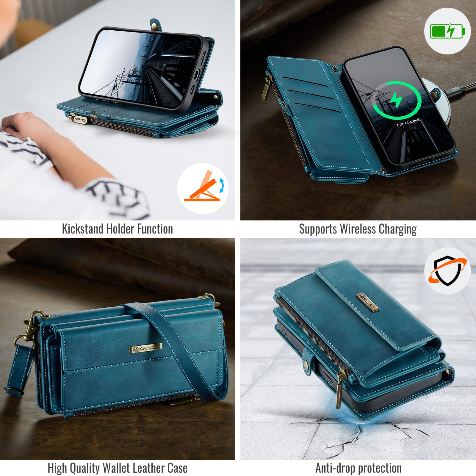 iPhone 15 Pro Crossbody Case with Strap, Card Slots & Zipper Pocket [Teal]