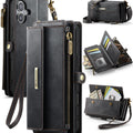 iPhone 16 Plus Crossbody Case with Strap, Card Slots & Zipper Pocket [Black] - Black