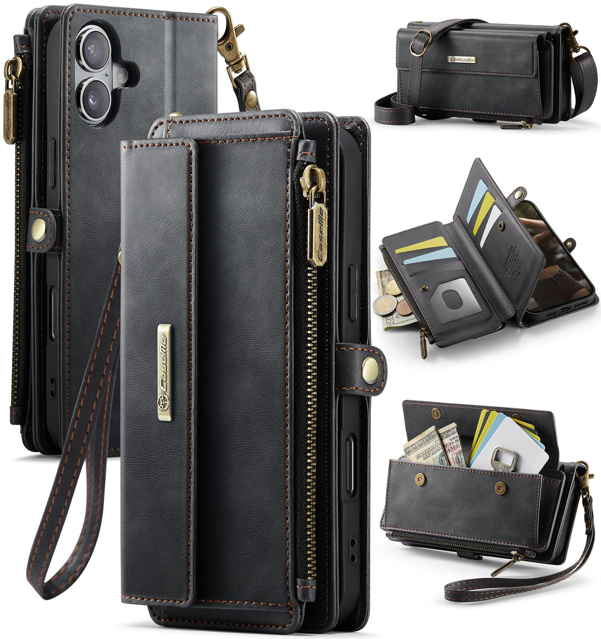 iPhone 16 Crossbody Case with Strap, Card Slots & Zipper Pocket [Black]