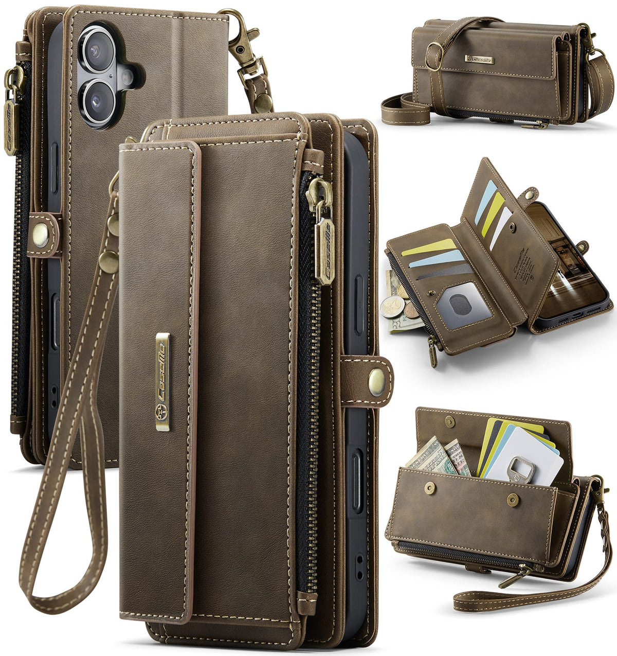 iPhone 16 Crossbody Case with Strap, Card Slots & Zipper Pocket [Coffee]