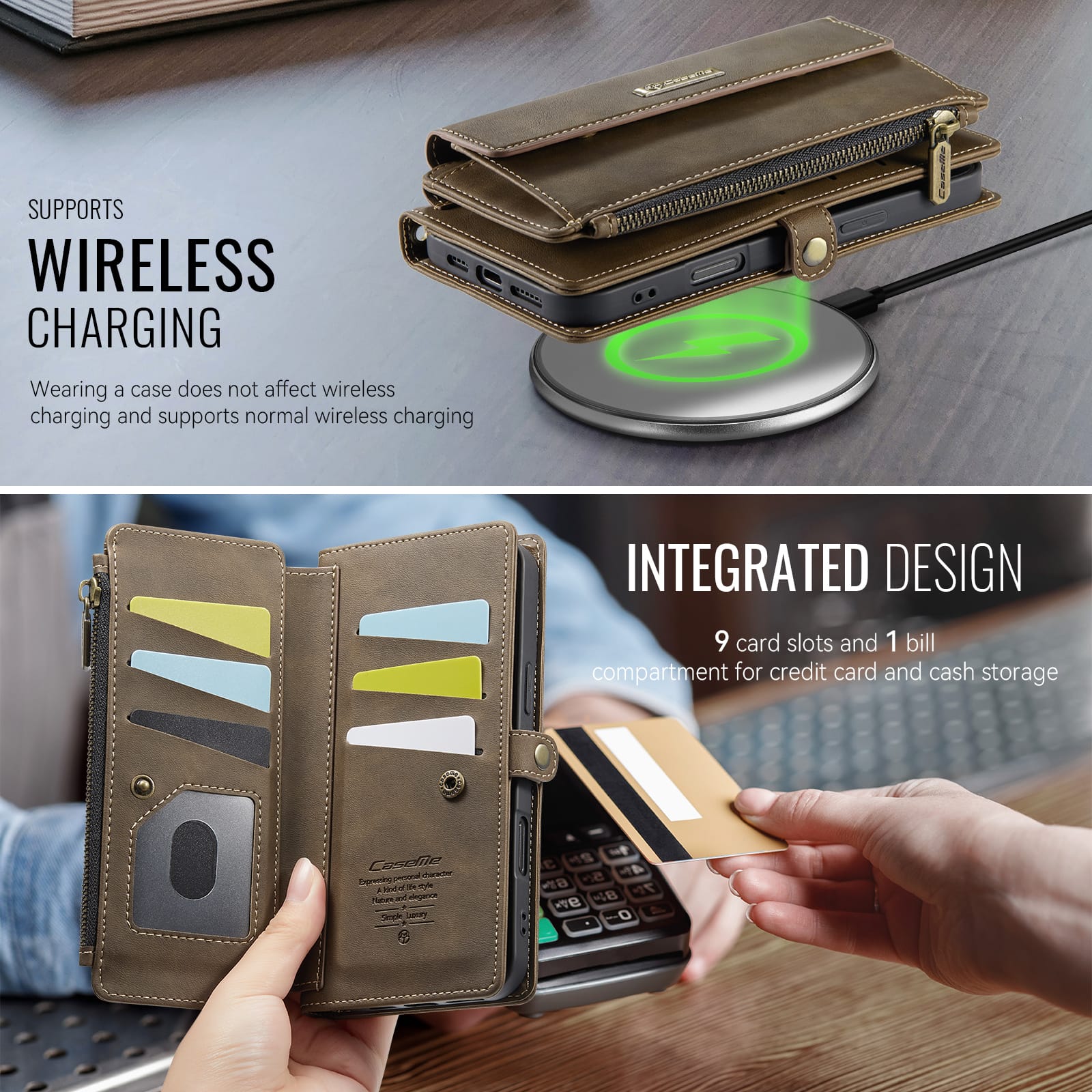 iPhone 16 Plus Crossbody Case with Strap, Card Slots & Zipper Pocket [Coffee]