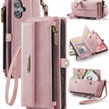 iPhone 16 Plus Crossbody Case with Strap, Card Slots & Zipper Pocket [Pink] - Pink