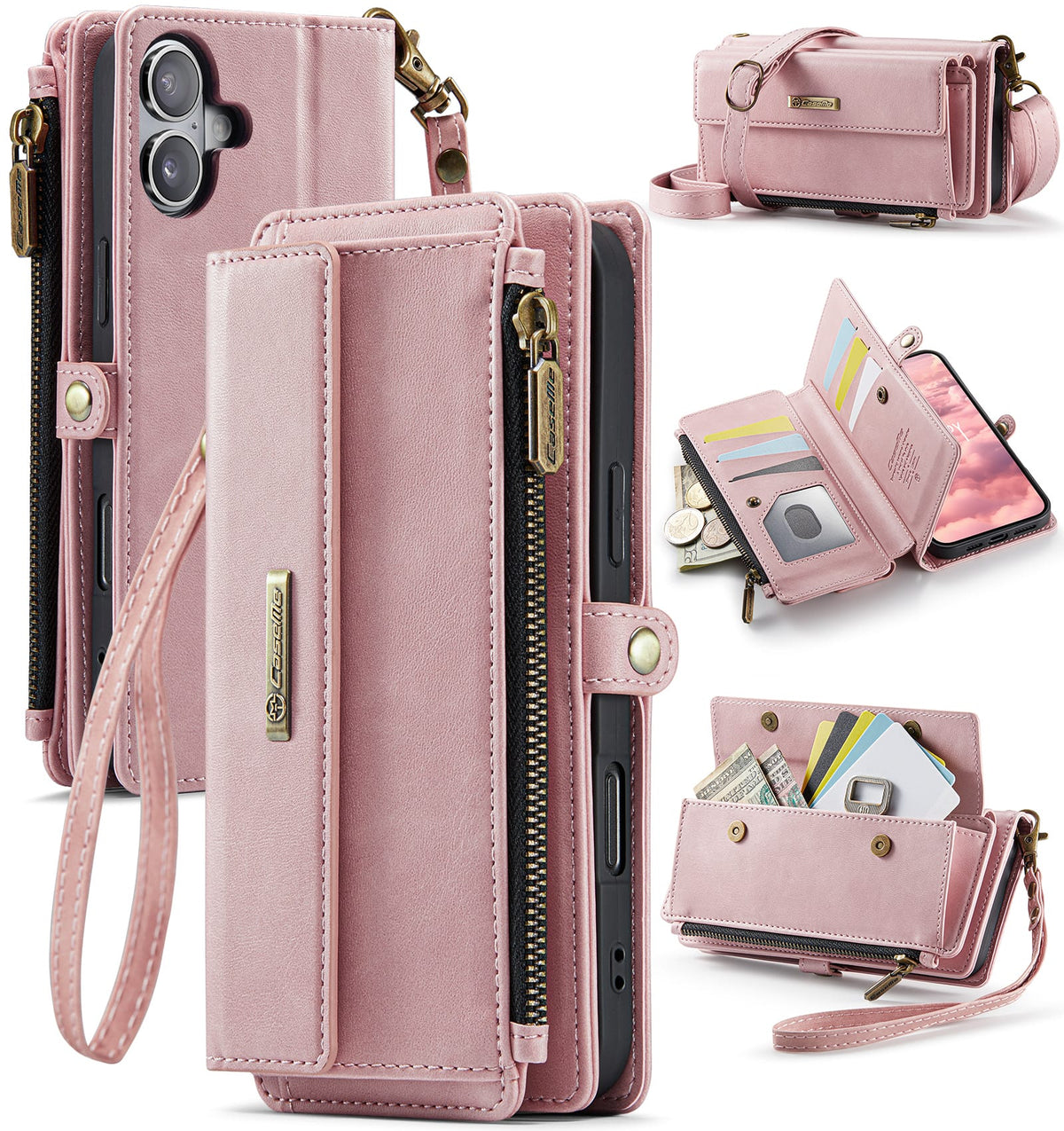 iPhone 16 Crossbody Case with Strap, Card Slots & Zipper Pocket [Pink]