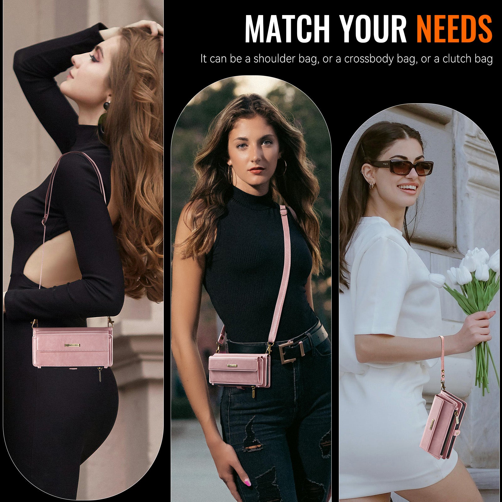 iPhone 16 Crossbody Case with Strap, Card Slots & Zipper Pocket [Pink]