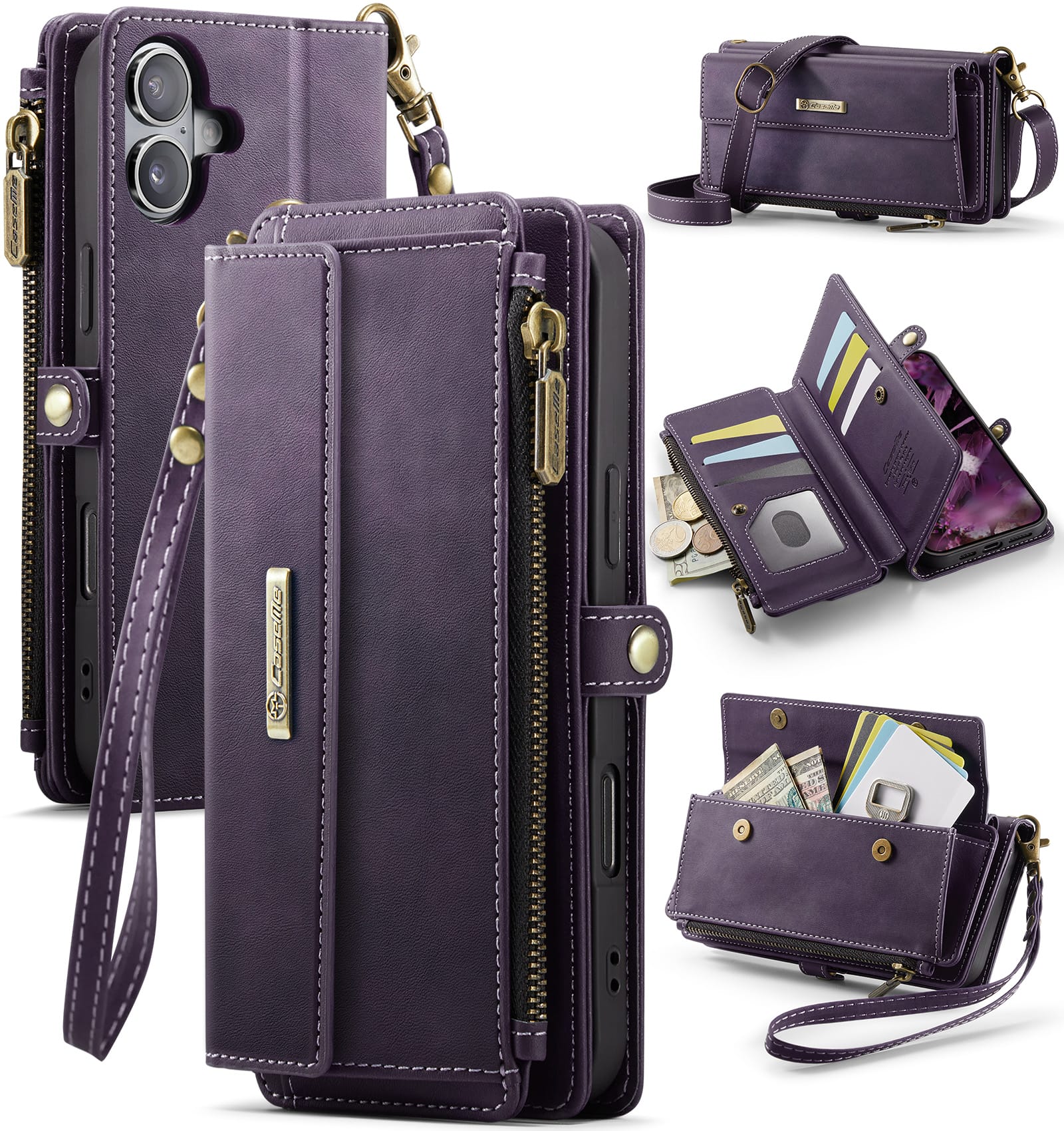iPhone 16 Plus Crossbody Case with Strap, Card Slots & Zipper Pocket [Purple]