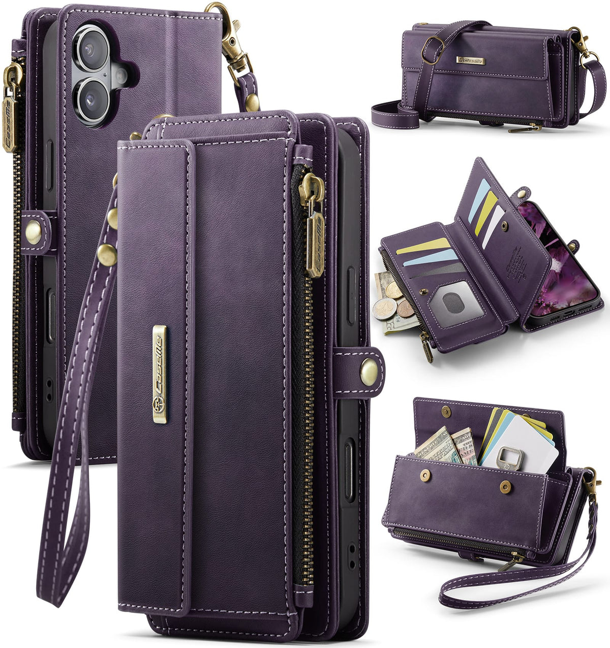 iPhone 16 Plus Crossbody Case with Strap, Card Slots & Zipper Pocket [Purple]