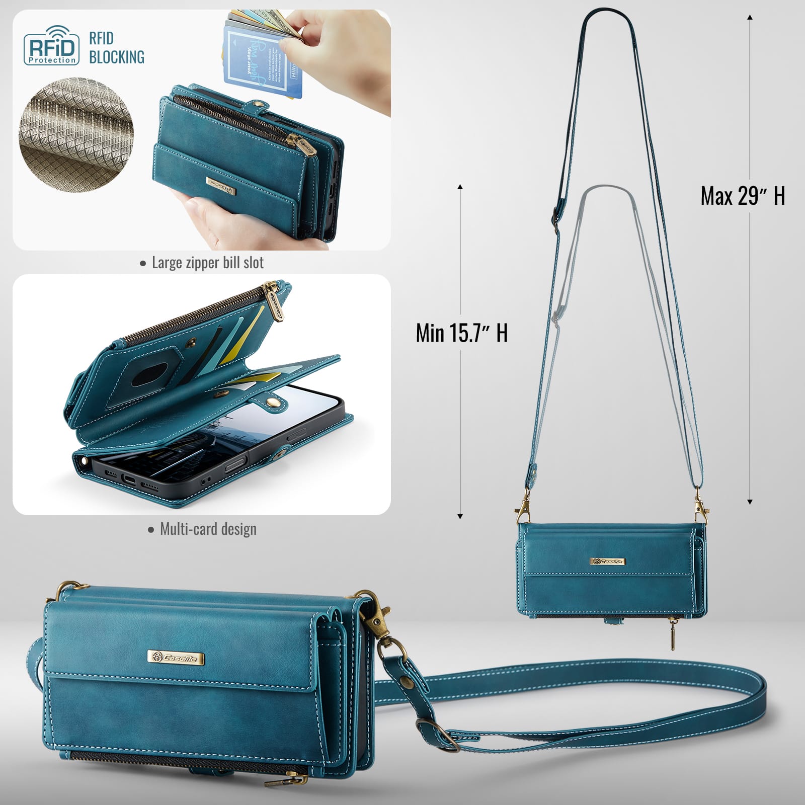 iPhone 16 Plus Crossbody Case with Strap, Card Slots & Zipper Pocket [Teal]