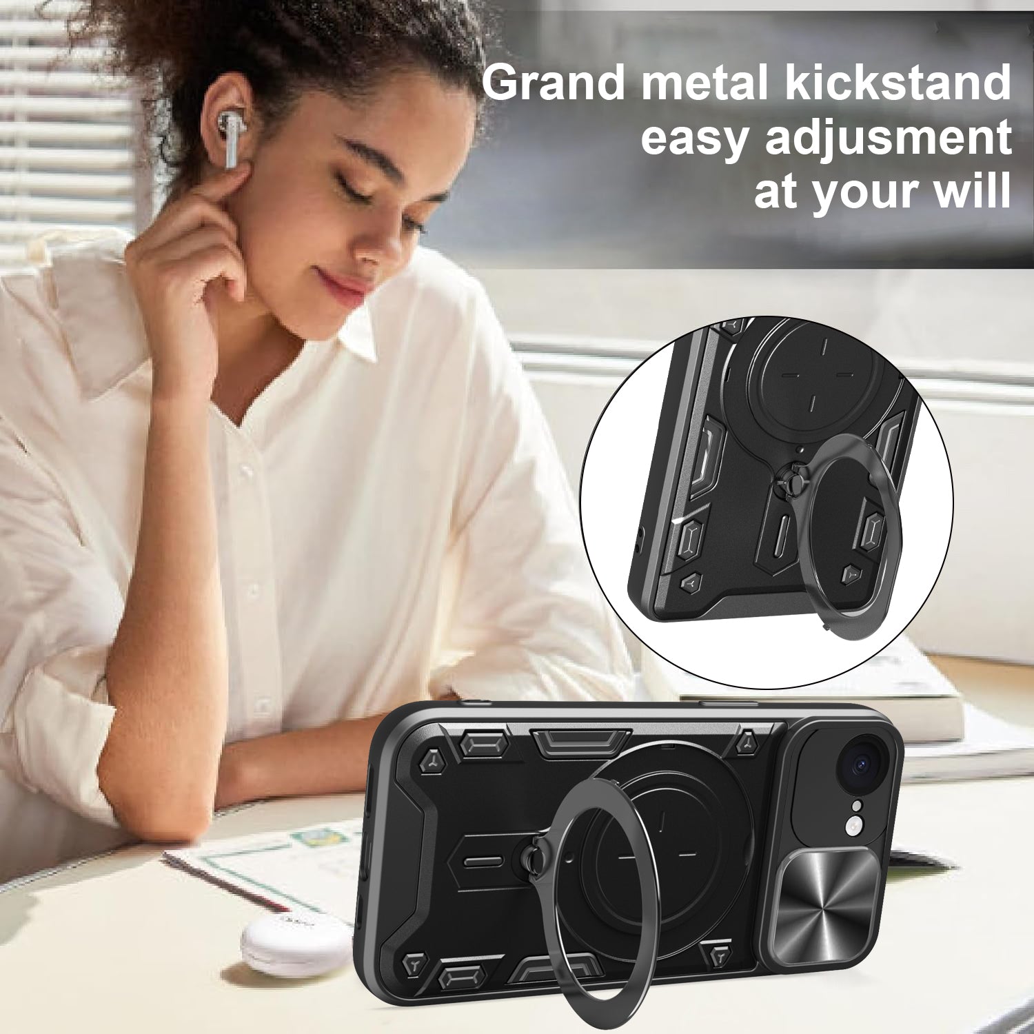 iPhone 16e Ring Kickstand Case w/ Camera Cover [Black]