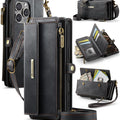 iPhone 16 Pro Crossbody Case with Strap, Card Slots & Zipper Pocket [Black] - Black