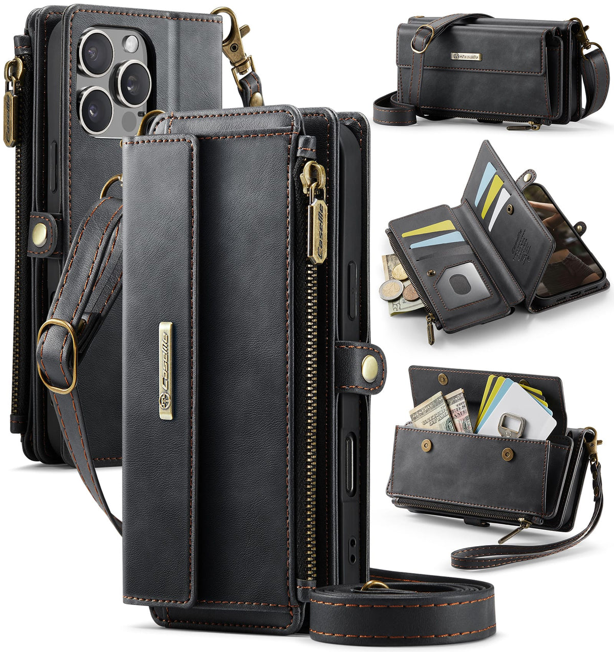 iPhone 16 Pro Crossbody Case with Strap, Card Slots & Zipper Pocket [Black]