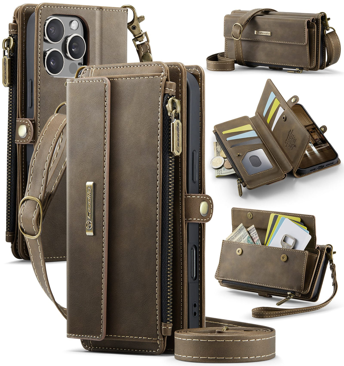 iPhone 16 Pro Crossbody Case with Strap, Card Slots & Zipper Pocket [Coffee]