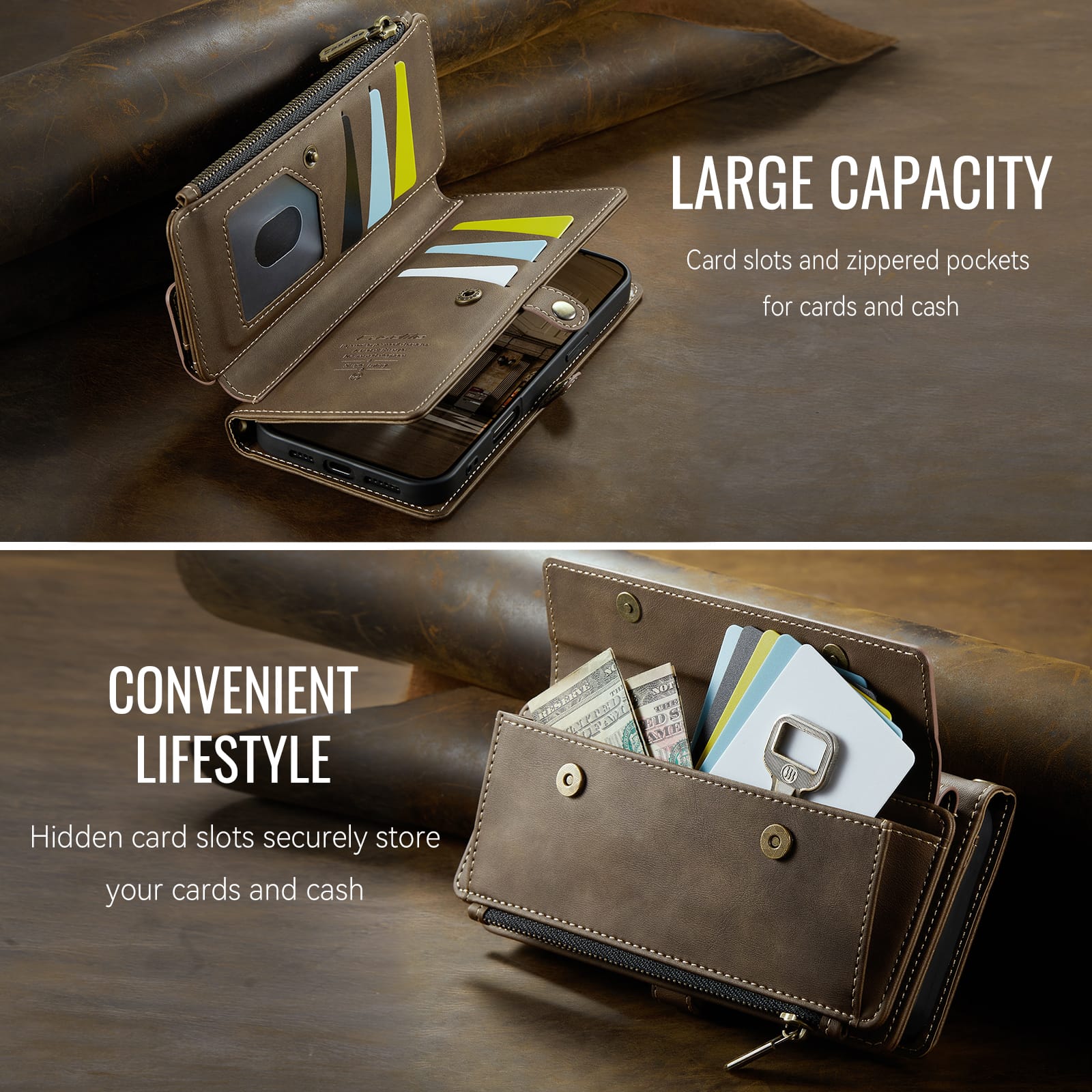 iPhone 16 Pro Max Crossbody Case with Strap, Card Slots & Zipper Pocket [Coffee]