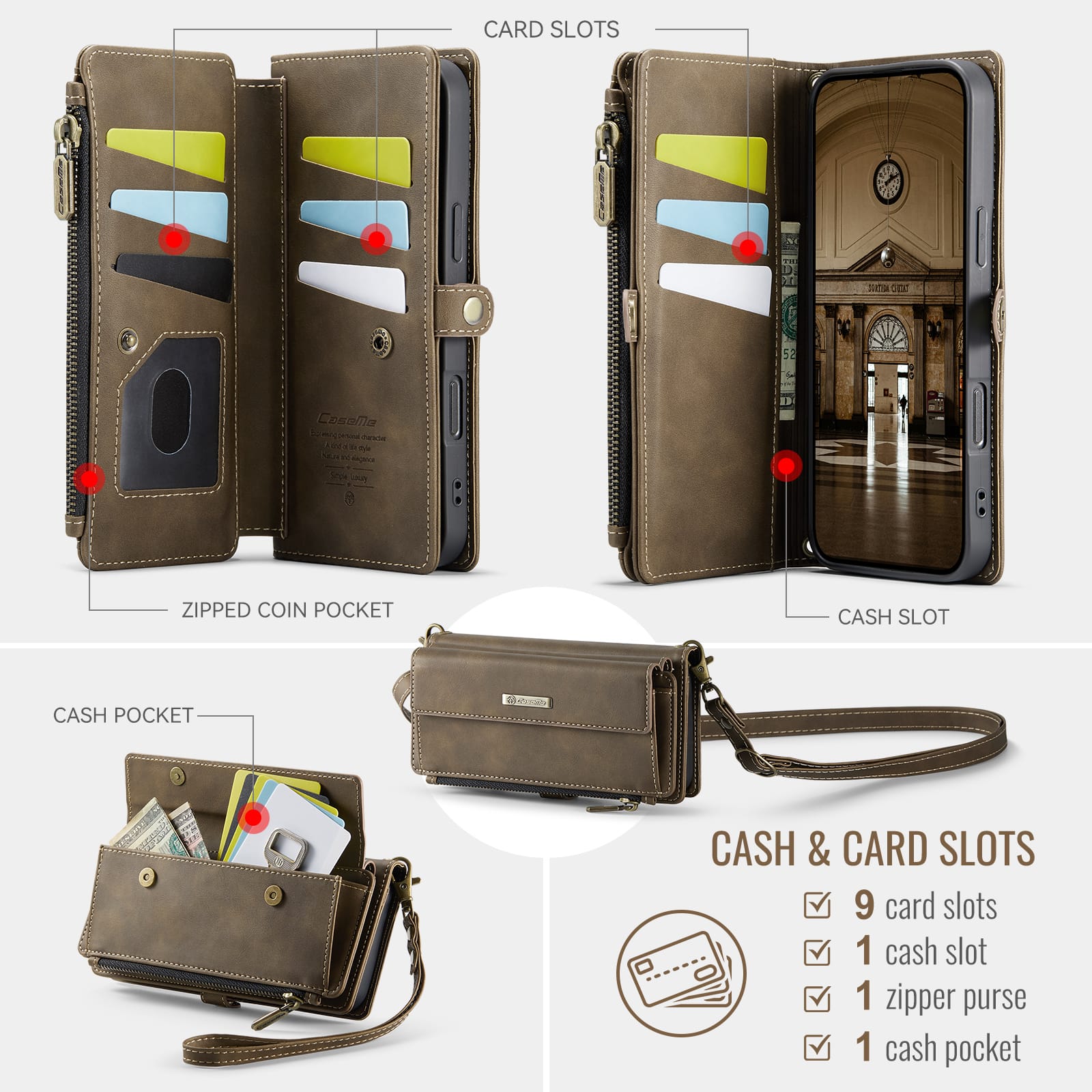 iPhone 16 Pro Crossbody Case with Strap, Card Slots & Zipper Pocket [Coffee]