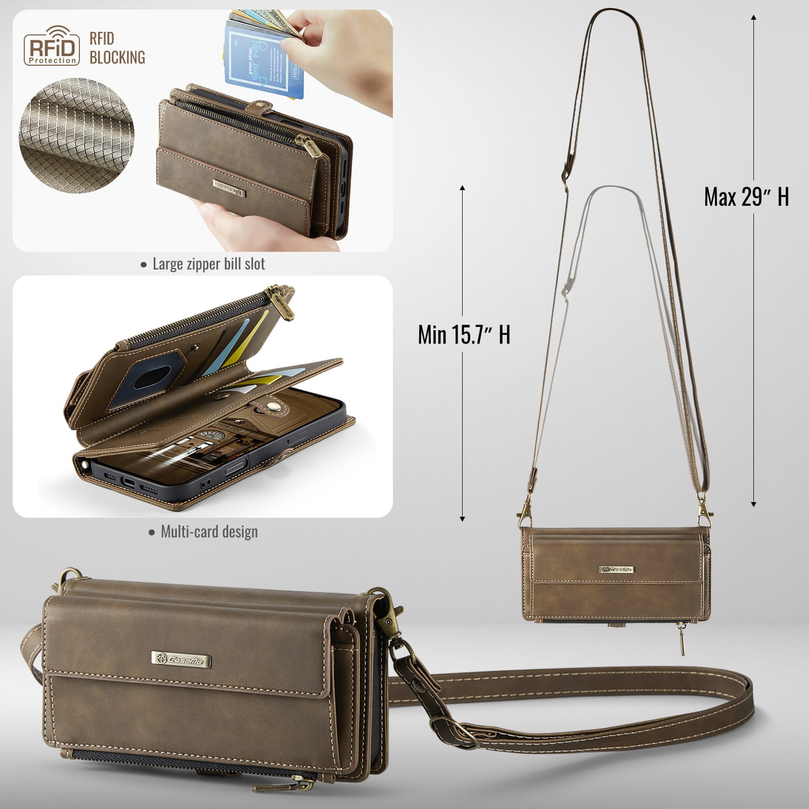 iPhone 16 Pro Max Crossbody Case with Strap, Card Slots & Zipper Pocket [Coffee]