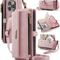 iPhone 16 Pro Crossbody Case with Strap, Card Slots & Zipper Pocket [Pink] - Pink