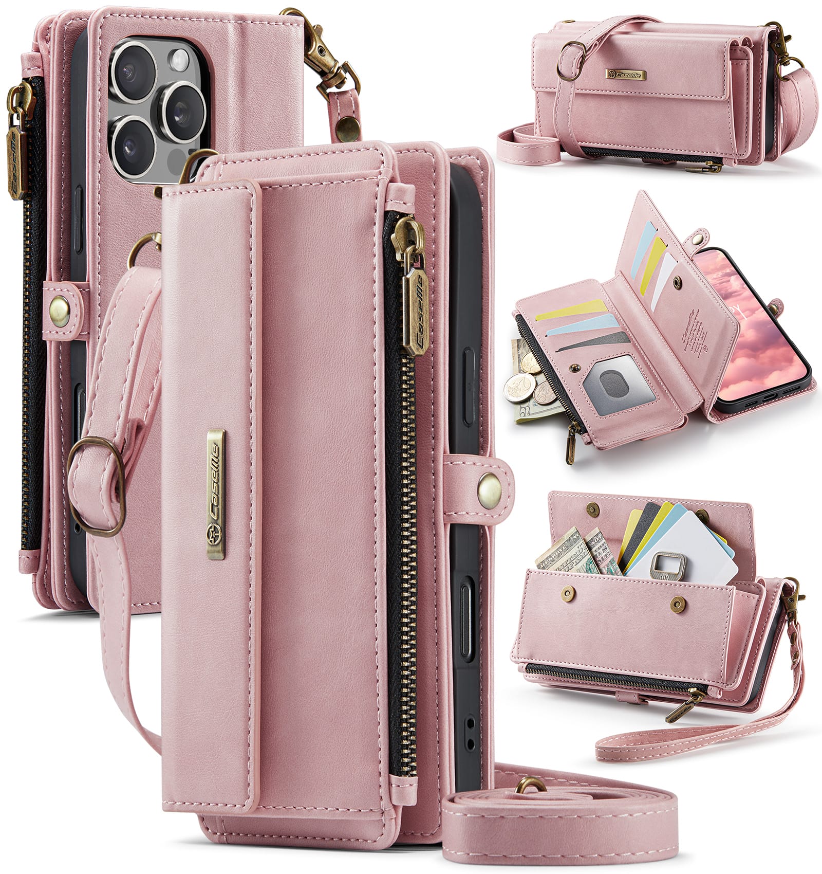 iPhone 16 Pro Max Crossbody Case with Strap, Card Slots & Zipper Pocket [Pink]
