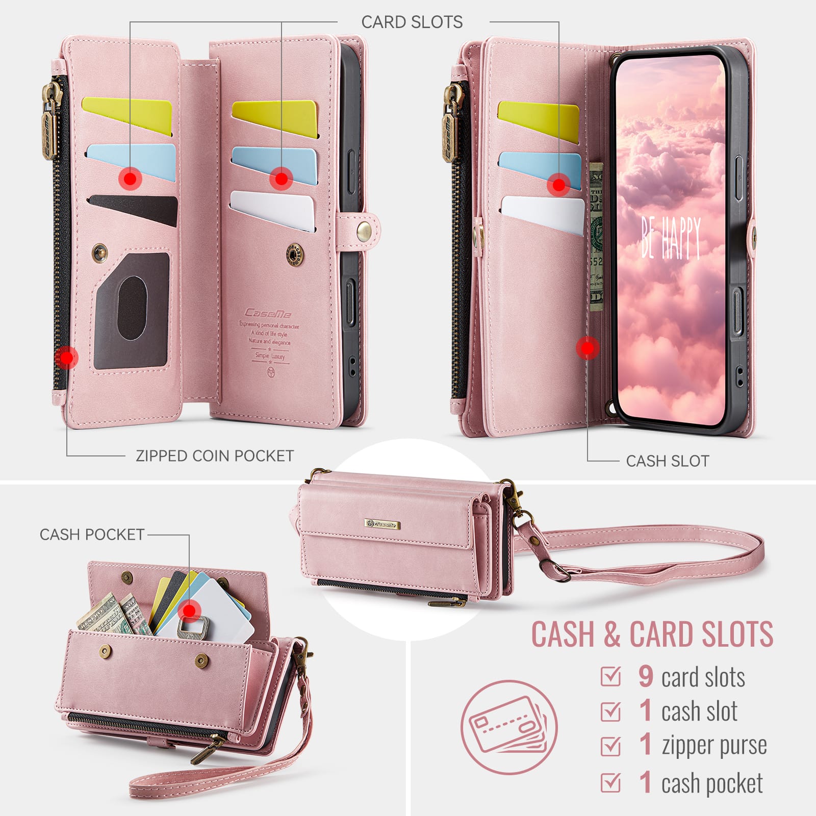 iPhone 16 Pro Max Crossbody Case with Strap, Card Slots & Zipper Pocket [Pink]