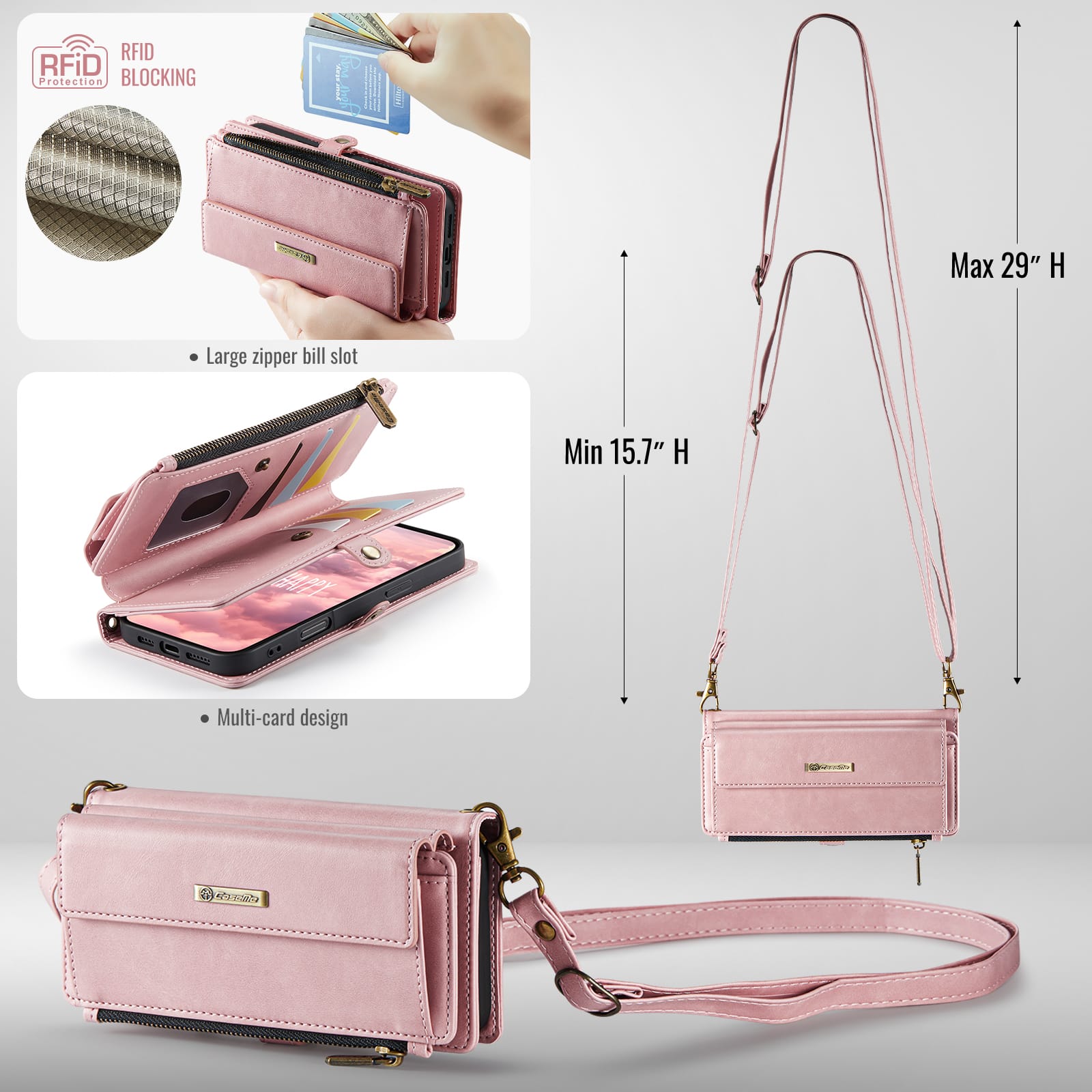 iPhone 16 Pro Max Crossbody Case with Strap, Card Slots & Zipper Pocket [Pink]