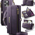 iPhone 16 Pro Crossbody Case with Strap, Card Slots & Zipper Pocket [Purple] - Purple