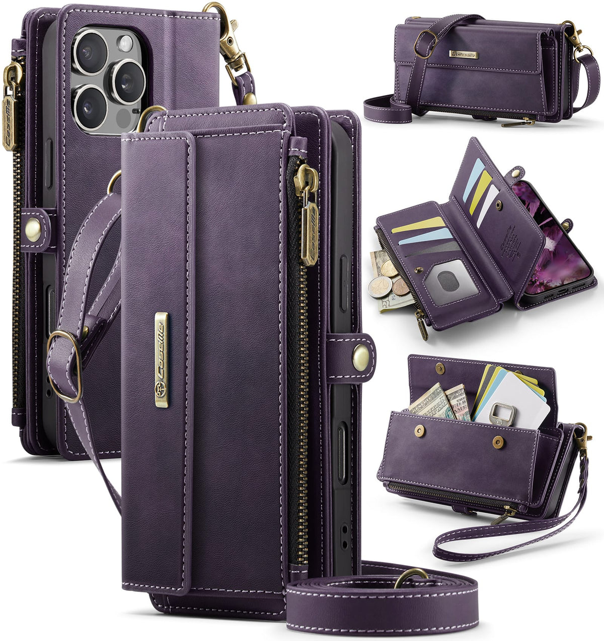 iPhone 16 Pro Crossbody Case with Strap, Card Slots & Zipper Pocket [Purple]