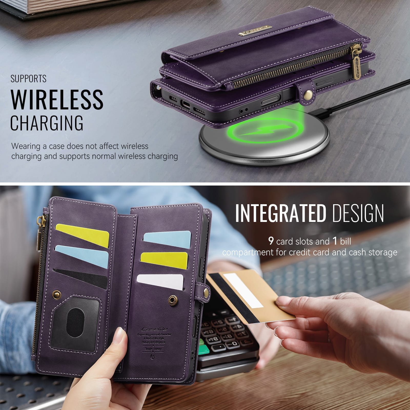 iPhone 17 Pro Max Crossbody Case - Strap, Card Slots & Zipper Pocket [Purple]