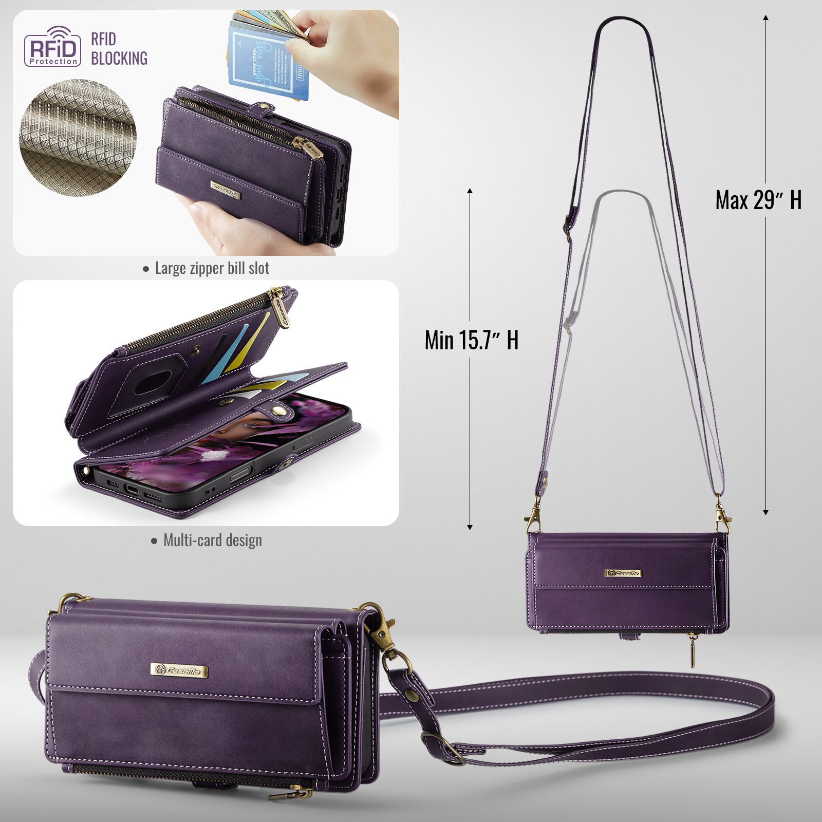 iPhone 17 Pro Crossbody Case with Strap, Card Slots & Zipper Pocket [Purple]
