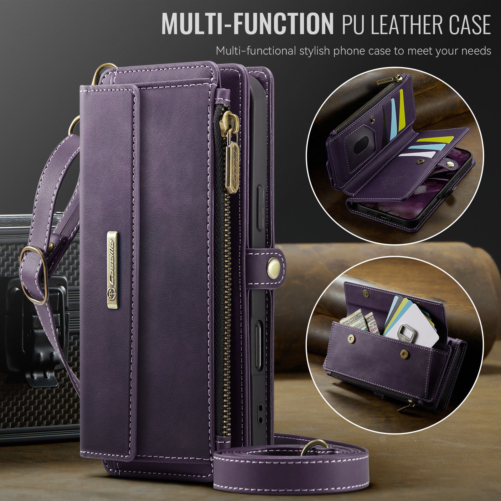 iPhone 17 Pro Max Crossbody Case - Strap, Card Slots & Zipper Pocket [Purple]
