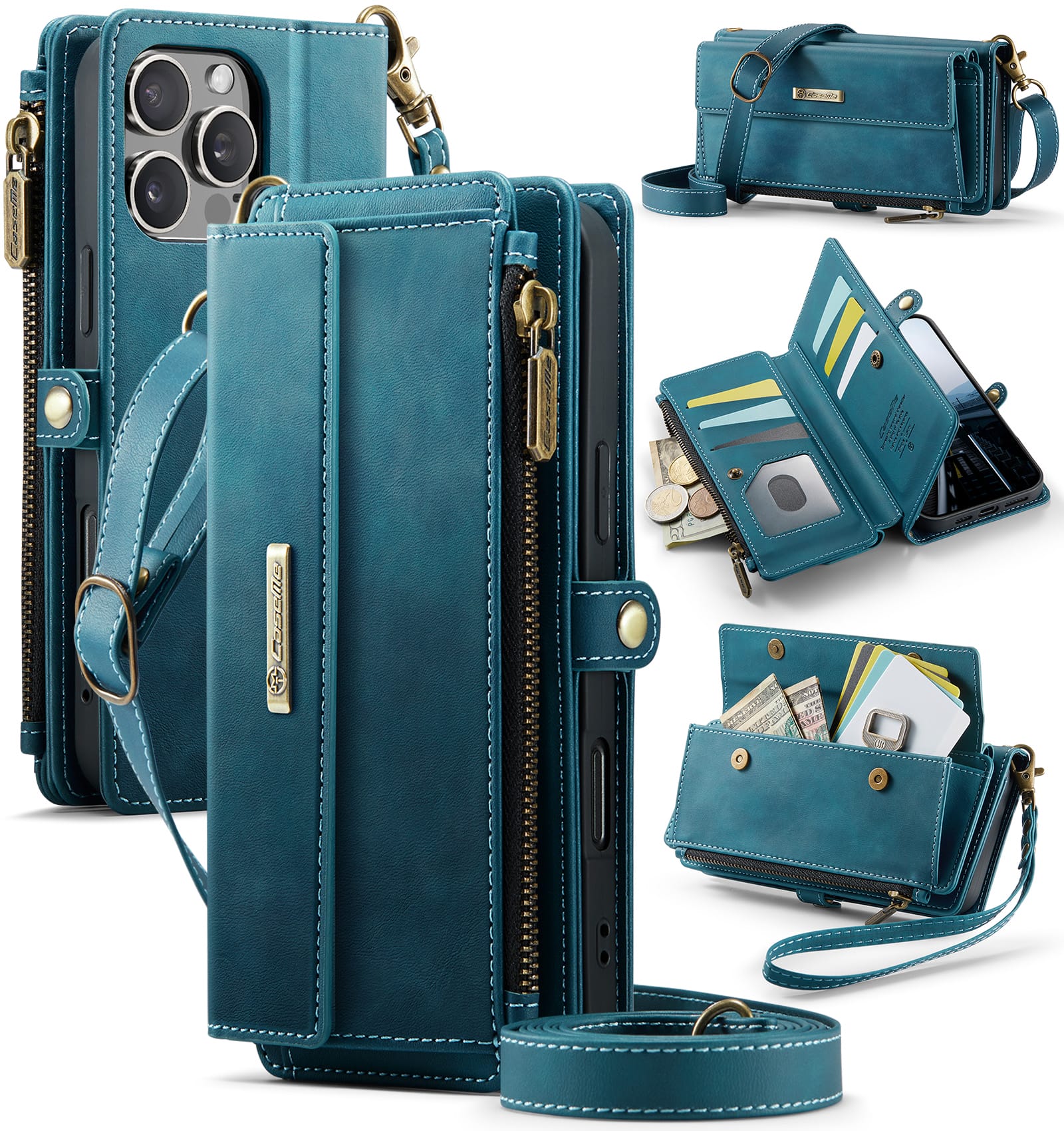 iPhone 16 Pro Max Crossbody Case with Strap, Card Slots & Zipper Pocket [Teal]