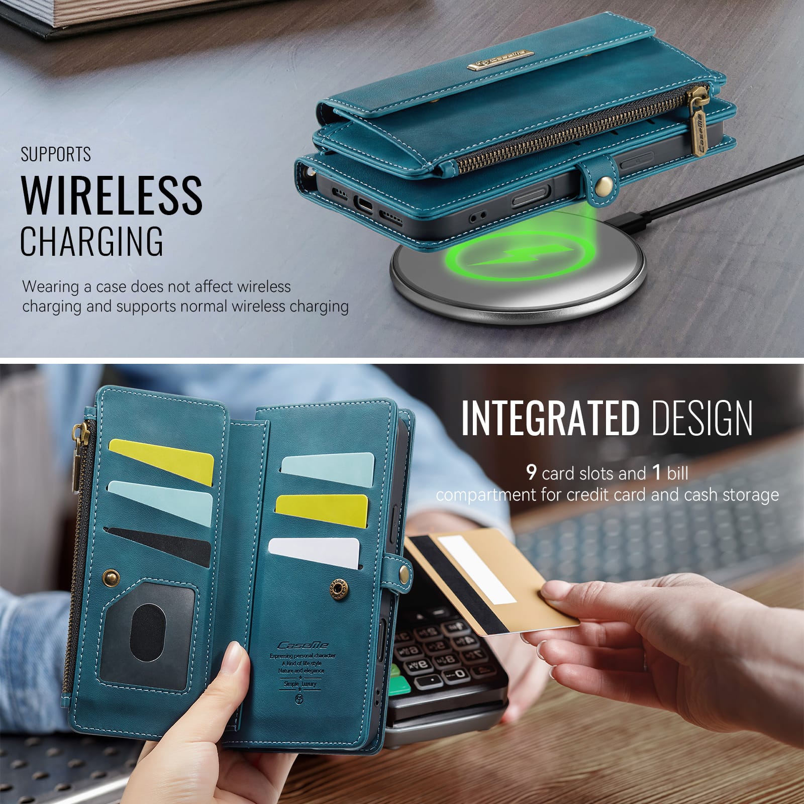 iPhone 16 Pro Max Crossbody Case with Strap, Card Slots & Zipper Pocket [Teal]