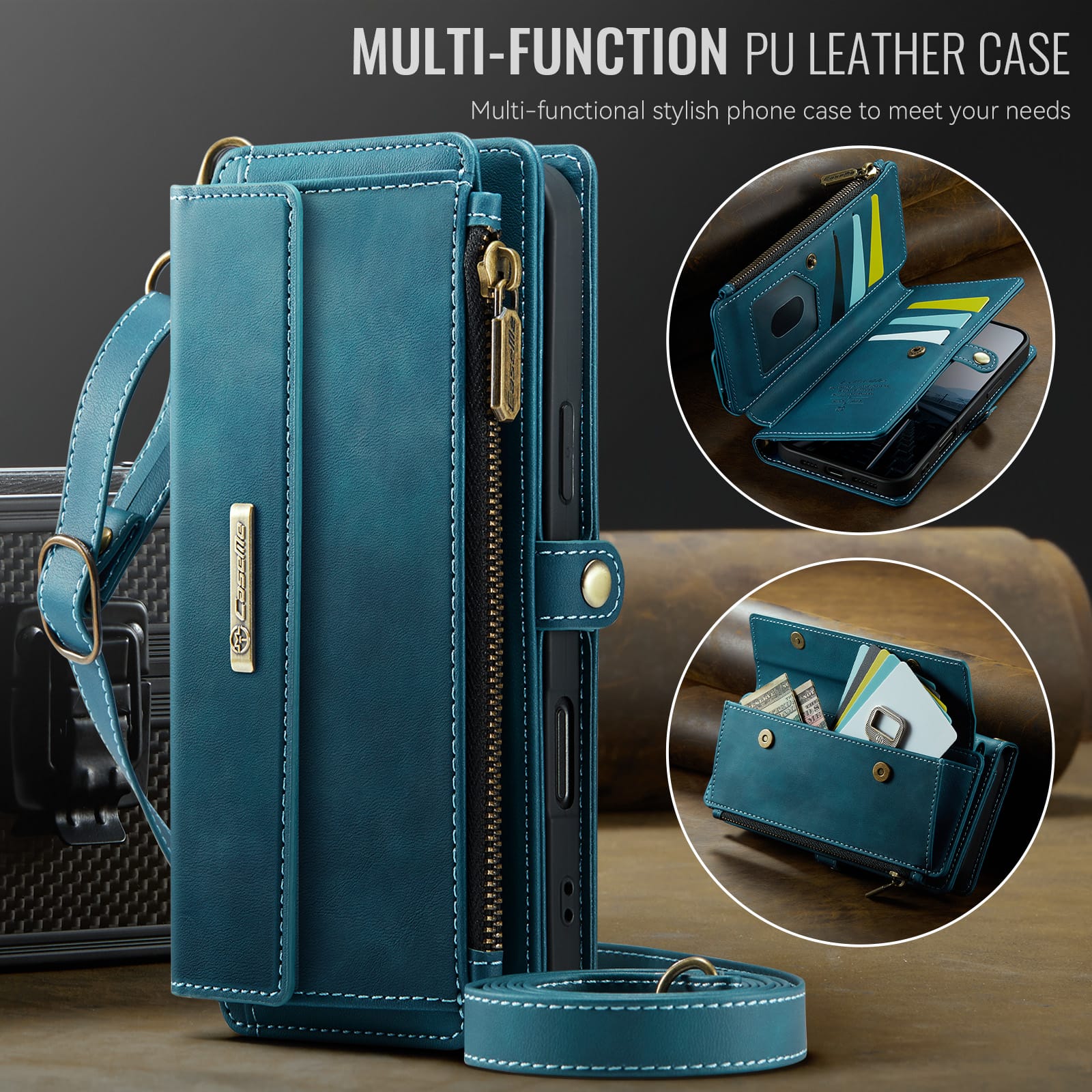 iPhone 16 Pro Crossbody Case with Strap, Card Slots & Zipper Pocket [Teal]