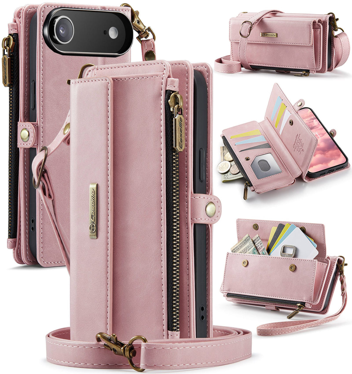 iPhone Air Crossbody Case with Strap, Card Slots & Zipper Pocket [Pink]