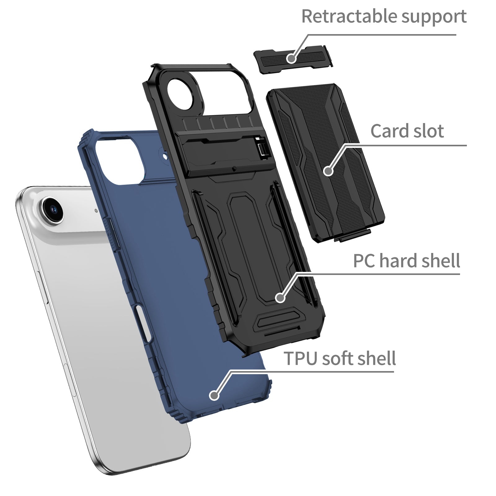 iPhone 17 Air Rugged Case with Card Holder & Kickstand [Navy]
