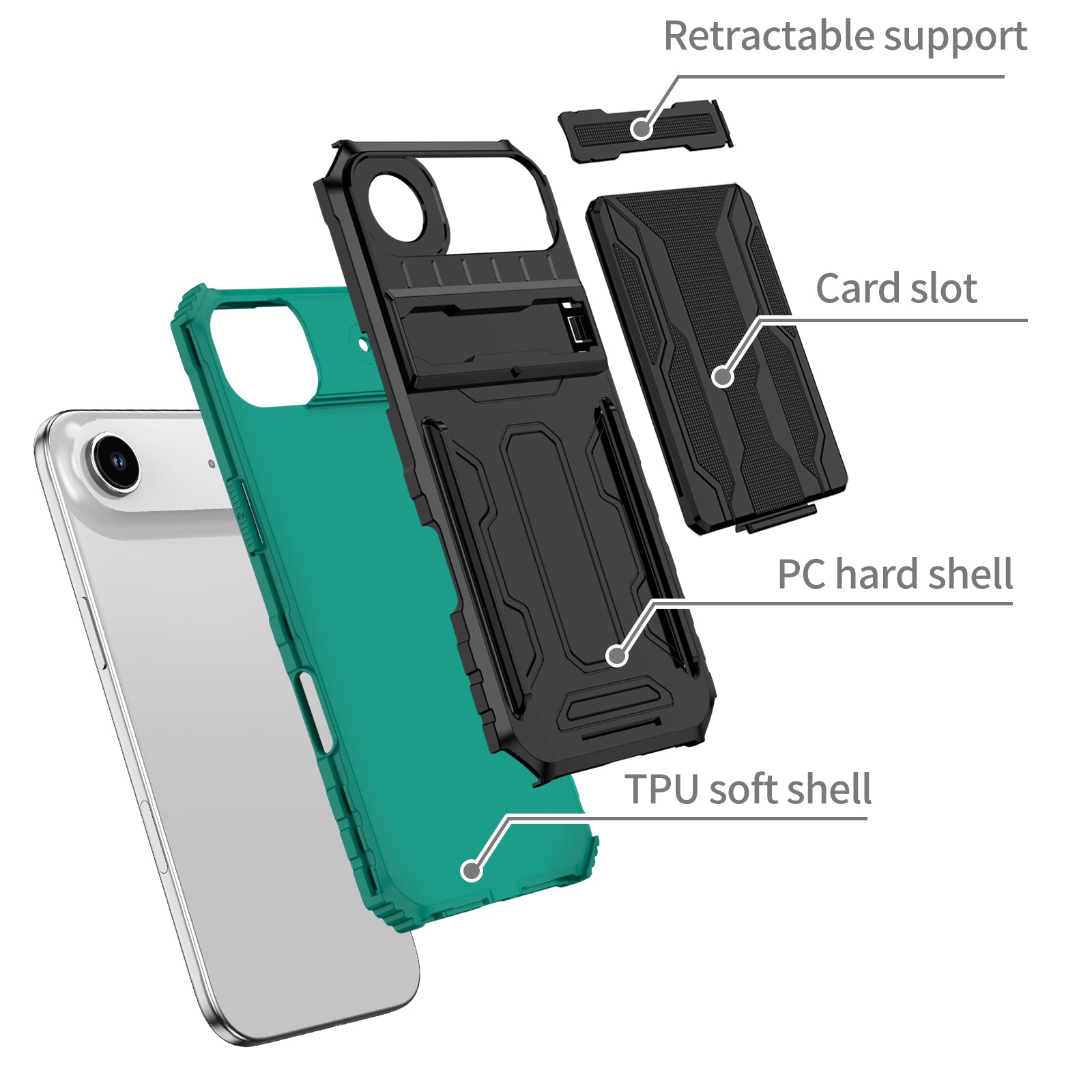 iPhone 17 Air Rugged Case with Card Holder & Kickstand [Teal]
