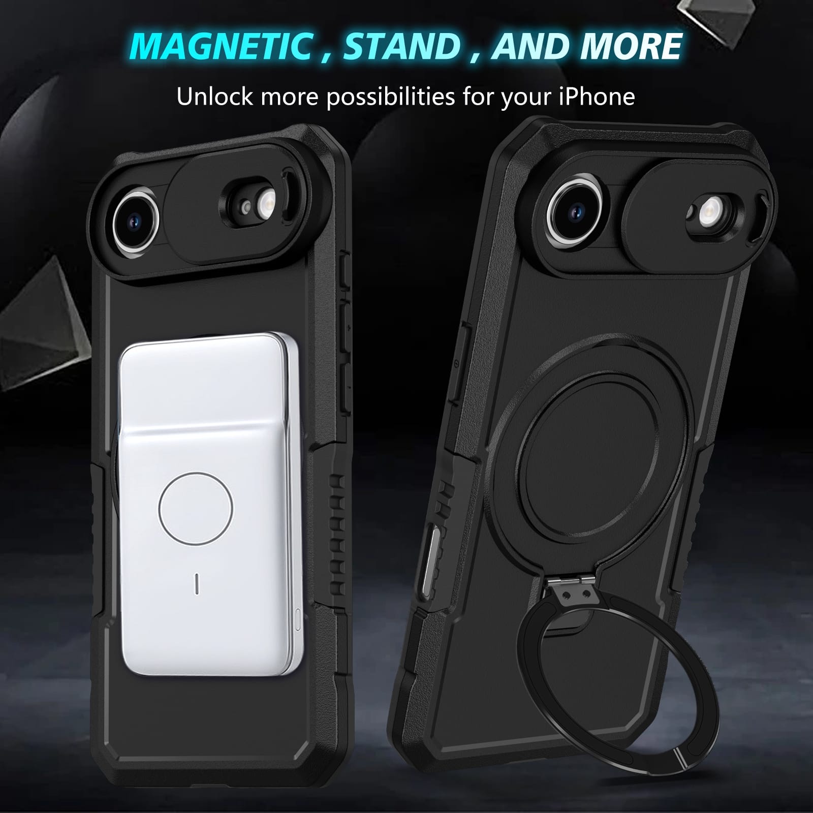 iPhone 17 Air MagSafe Case with Sliding Camera Cover & Ring Stand [Black]