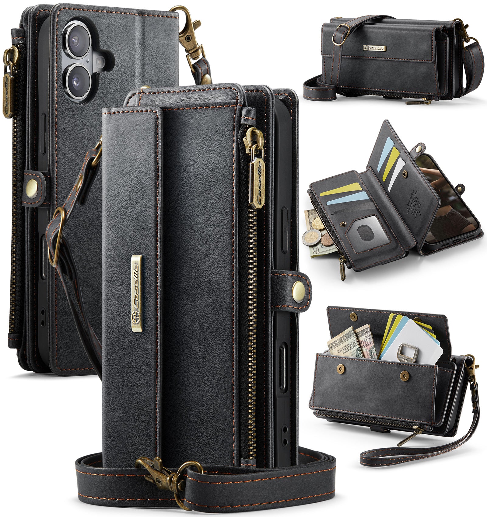 iPhone 17 Crossbody Case with Strap, Card Slots & Zipper Pocket [Black]