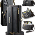 iPhone 17 Crossbody Case with Strap, Card Slots & Zipper Pocket [Black] - Black