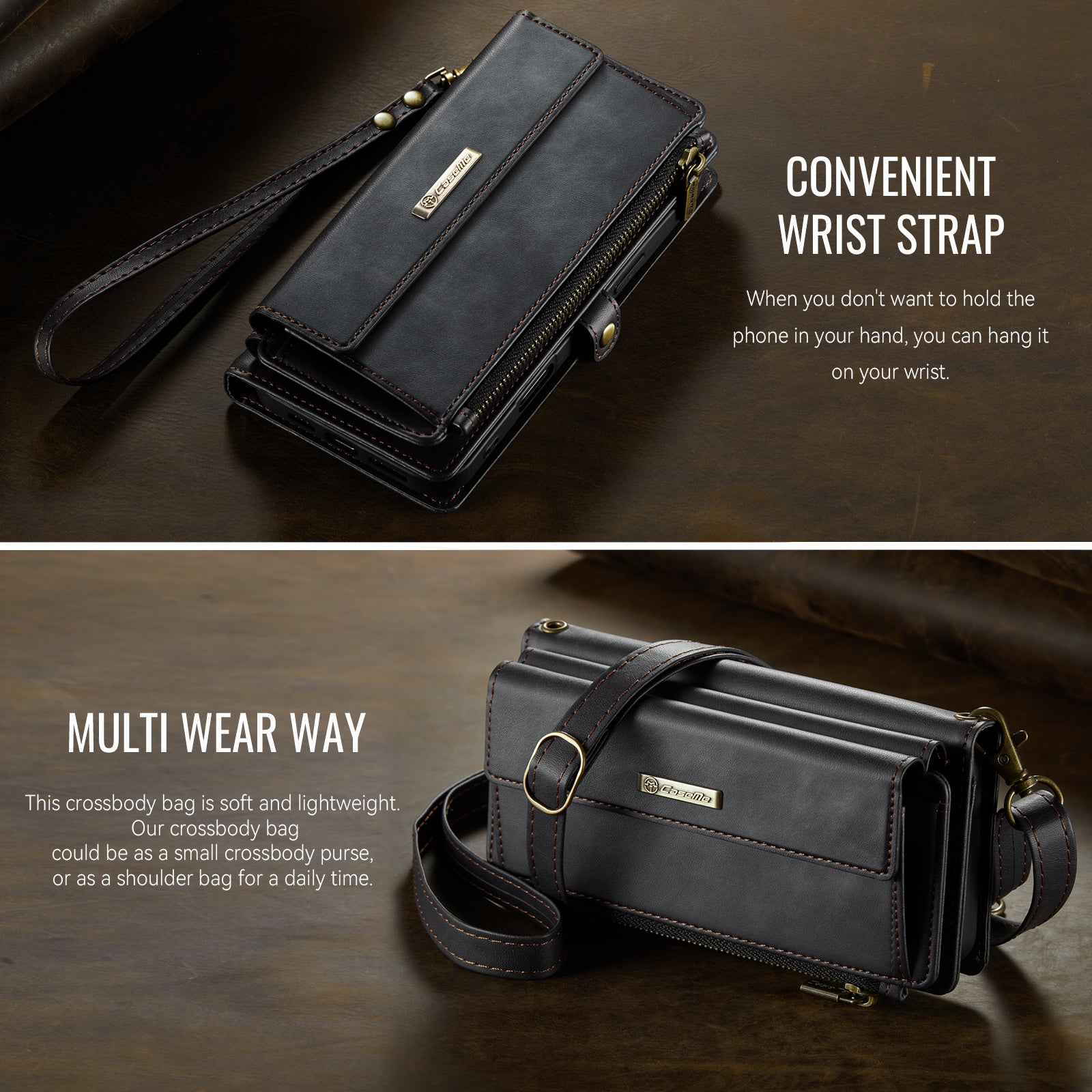 iPhone 17 Crossbody Case with Strap, Card Slots & Zipper Pocket [Black]