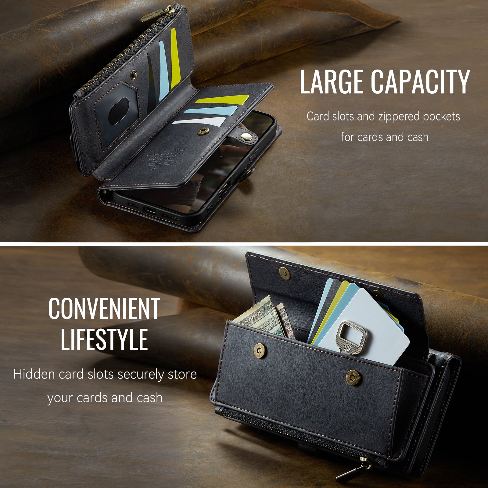 iPhone 17 Crossbody Case with Strap, Card Slots & Zipper Pocket [Black]