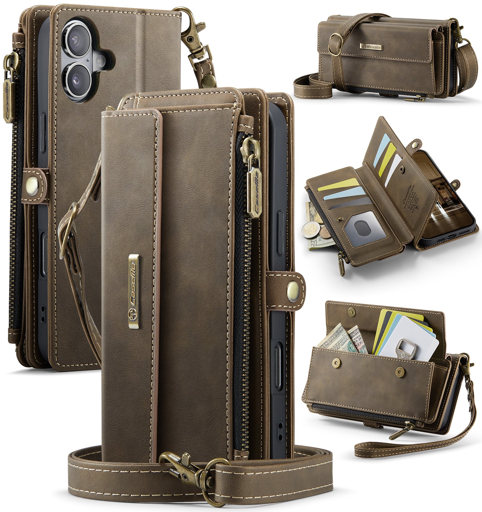 iPhone 17 Crossbody Case with Strap, Card Slots & Zipper Pocket [Coffee]