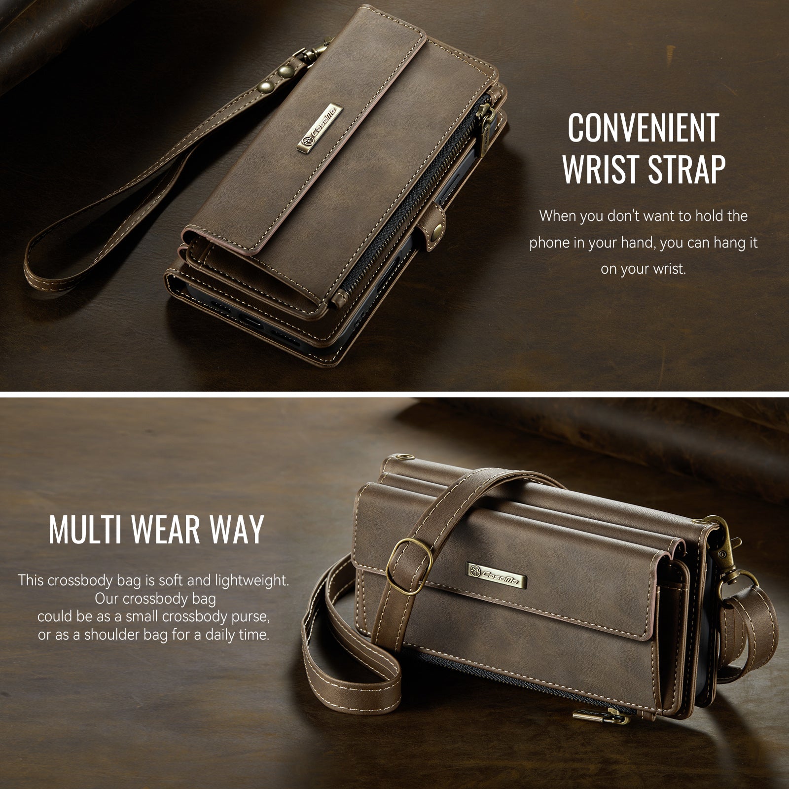 iPhone 17 Crossbody Case with Strap, Card Slots & Zipper Pocket [Coffee]