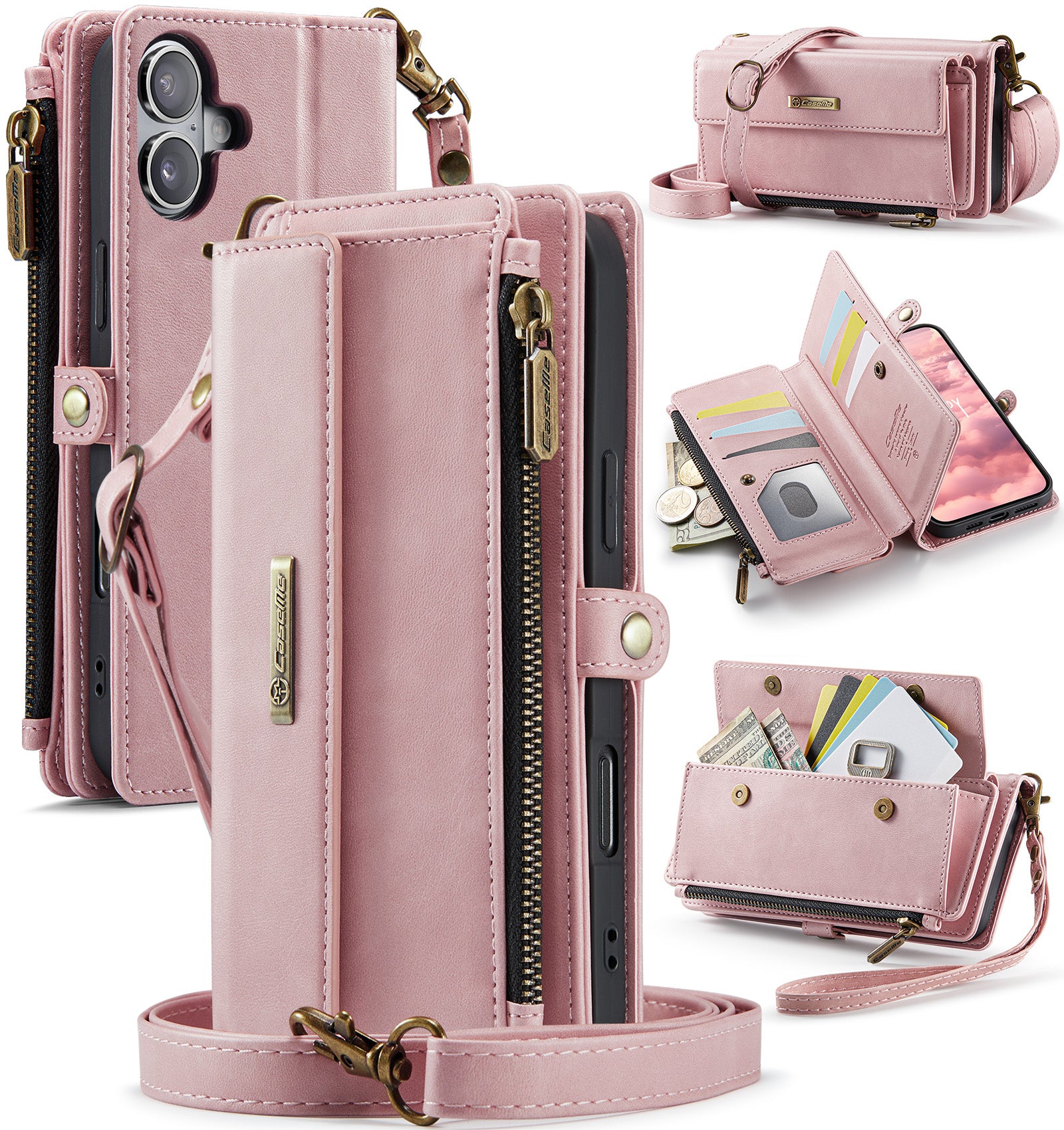 iPhone 17 Crossbody Case with Strap, Card Slots & Zipper Pocket [Pink]