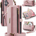 iPhone 17 Crossbody Case with Strap, Card Slots & Zipper Pocket [Pink] - Pink