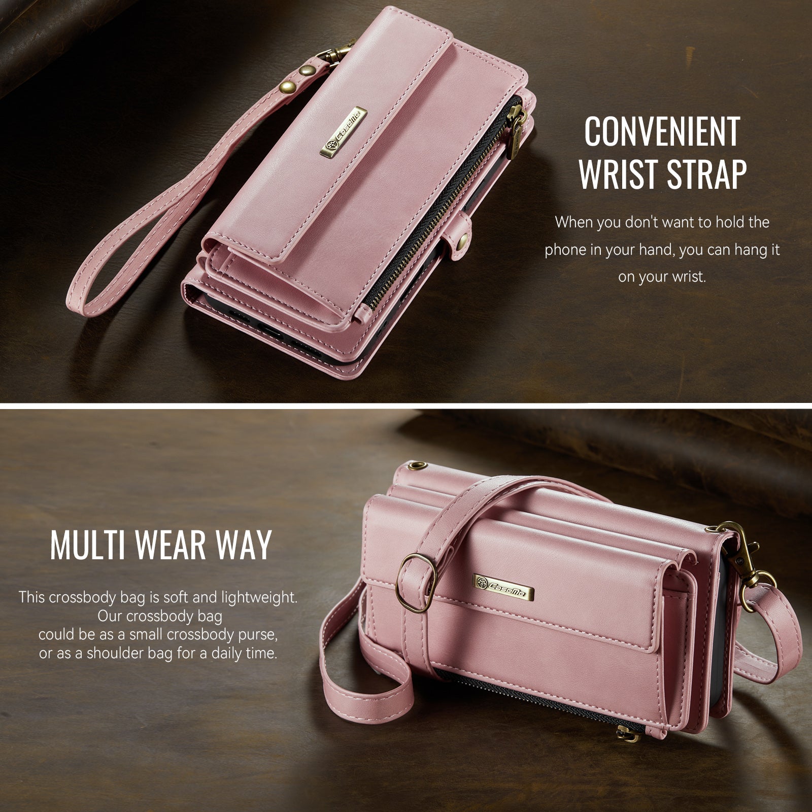 iPhone 17 Crossbody Case with Strap, Card Slots & Zipper Pocket [Pink]