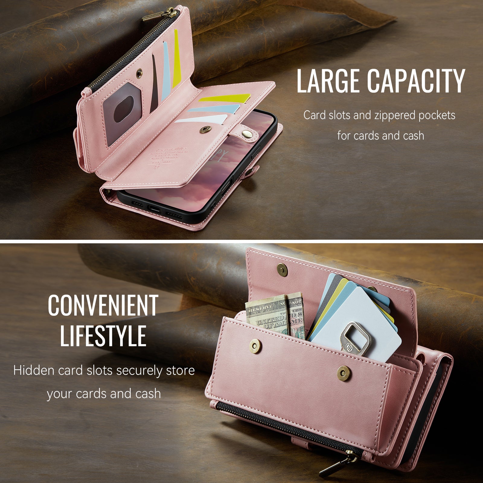 iPhone 17 Crossbody Case with Strap, Card Slots & Zipper Pocket [Pink]