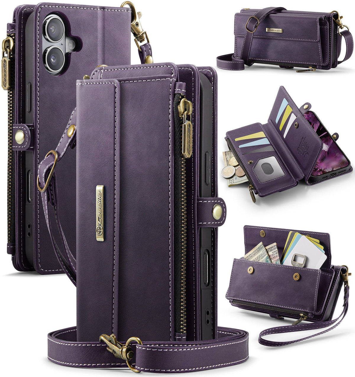 iPhone 17 Crossbody Case with Strap, Card Slots & Zipper Pocket [Purple]